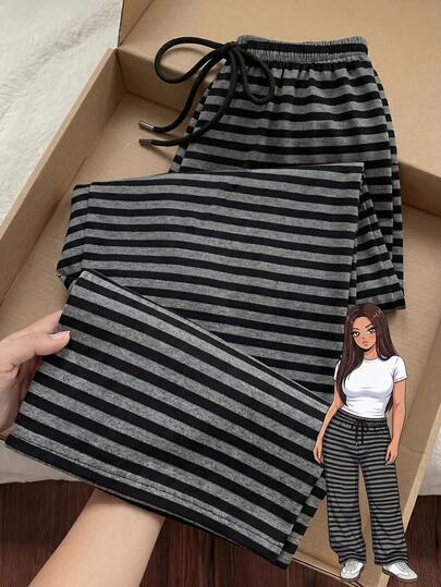 Comfortcana Pantalones casuales con cordón a rayas blancas y negras, versátiles para otoño/invierno, talla grande