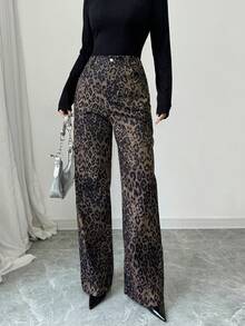 SHEIN Raffinéa Leopard Print Straight Leg Casual High Waist Loose Wide Leg Cargo Pants - Multicolor - View 5