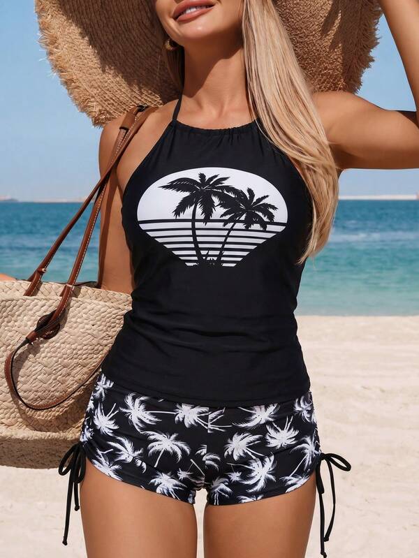 Swim Lushoire Setelan Tankini Dua Potong Wanita Warna Hitam untuk Liburan Musim Panas Kasual, Atasan Halter Motif Pohon Kelapa & Celana Pendek Boyshort dengan Tali Serut Samping, Gaya Sopan