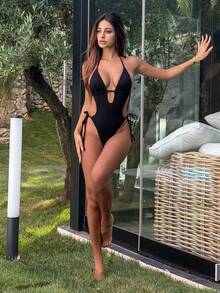 Ronhire Women's Olive Green Knitted Jacquard Textured V-Neck Backless Halter One Piece Swimsuit Vacation - Black - View 1