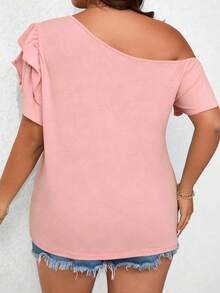 EMERY ROSE Camiseta holgada de mujer talla grande de verano, de estilo casual y vacacional, minimalista, de unicolor, con cuello asimétrico con volantes - Rosa - Ver 2