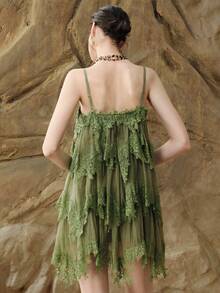 Arave Women's Solid Color Lace Patchwork Multi-Layer Spaghetti Strap Mid-Length Dress - Green - View 6