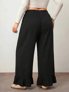 Enliva Plus Size Women's Black Ruffle Elastic Waist Wide Leg Pants, Suitable For Daily, Vacation, And Casual Wear - Black - View 2