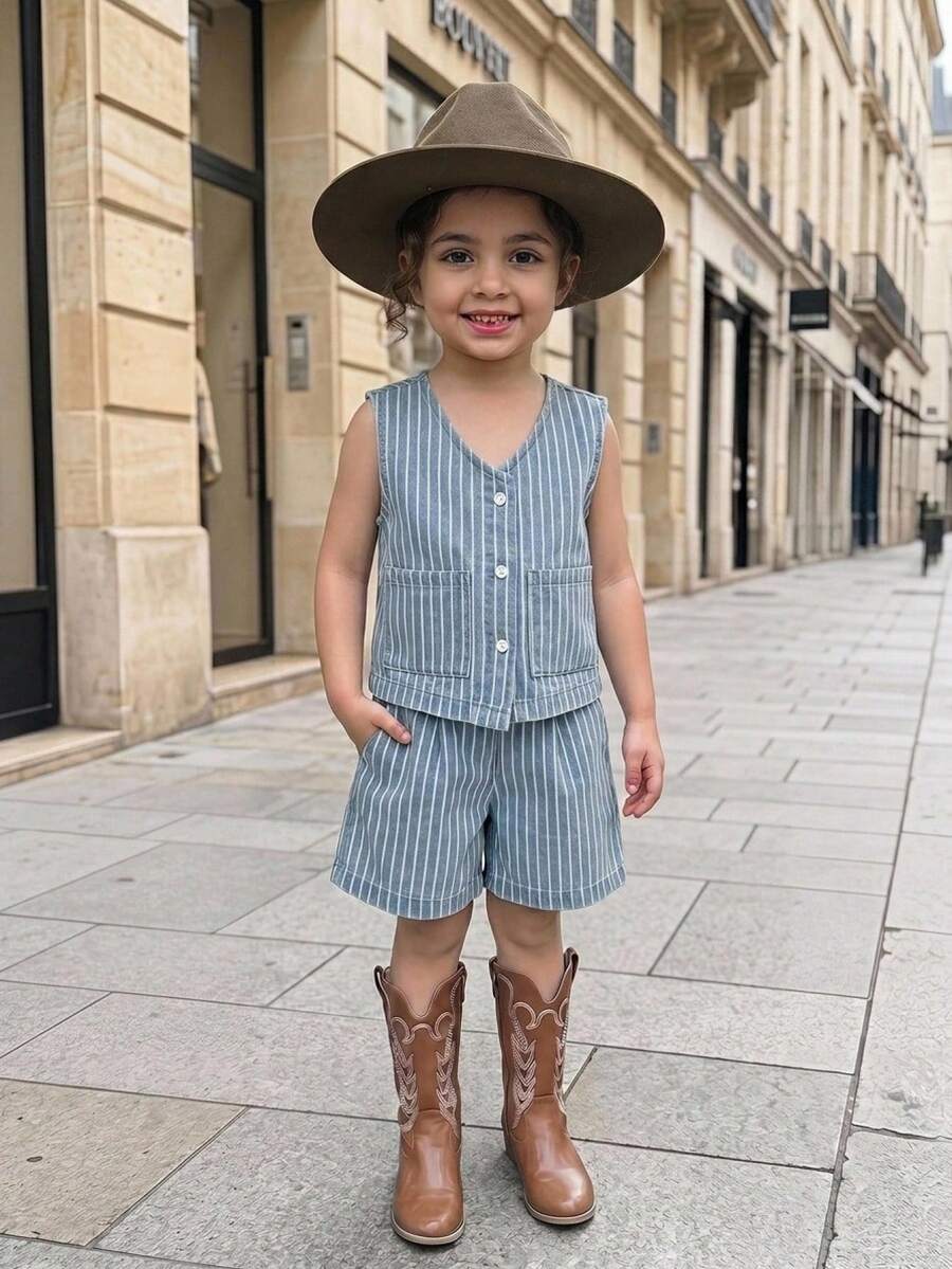 Dazy Kids Conjunto de 2 piezas para niñas jóvenes de verano con top de tirantes a rayas + camisa de mezclilla + shorts - Lavado ligero - Ver 1