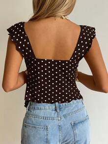 SHEIN EZwear 巧克力棕色波点心形领口荷叶边下摆女式背心 - 巧克力棕 - 查看 2