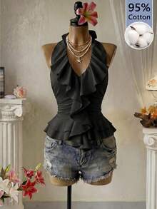 Femesol Black Summer Elegant Party Vacation Night V-Neck Asymmetric Ruffle Hem Sleeveless Top, Pleated Layered Cropped Tank Top, Fitted Versatile Camisole - Black - View 1