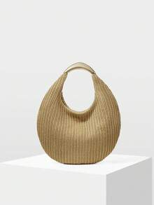 MOTF Bolso de mano tejido de mujer en color caqui, con asa de herrajes exquisitos, bolso redondo simple y ligero para ir al trabajo, adecuado para vacaciones de verano, viajes, ocio, playa, , combinable - Caqui - Ver 3