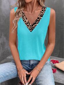 EMERY ROSE Women's Fashion Casual Versatile Contrast Collar Leopard Print V-Neck Tank Top - Multicolor - View 4