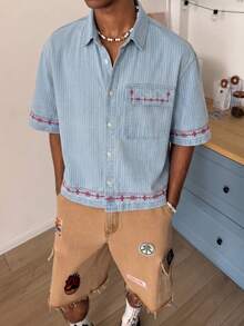 STEELVANCE Áo sơ mi denim ngắn tay nam tay ngắn, thêu họa tiết sọc xanh dương, phong cách đường phố thường ngày. - Rửa nhẹ - Xem 4