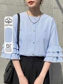 FRIFUL Camisa de mujer de moda versátil con rayas, abotonadura sencilla y volantes en los puños - Azul - Ver 1