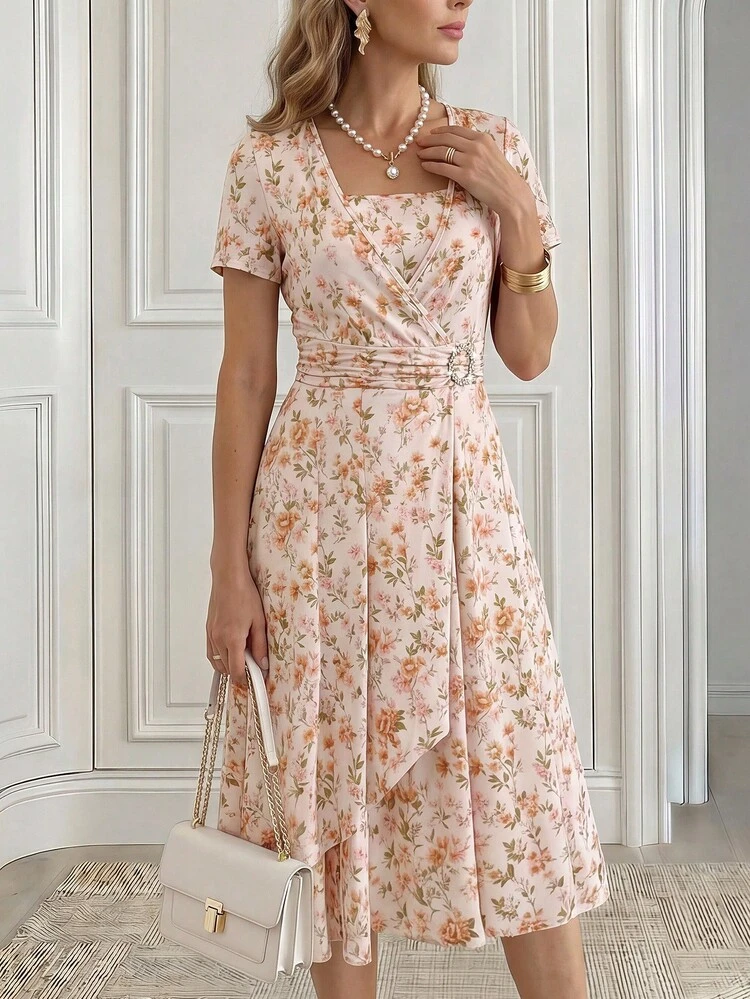 Women's Elegant Floral Print Ruffle Waist Dress With Square Neck And Rhinestone Decor, Suitable For Summer Vacation