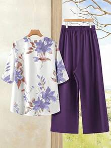 Rusticease Plus Size Women's Casual Vacation Floral Print Notch Neck Roll Tab Sleeve Loose Top And Wide Leg Pants 2 Piece Set, Spring/Summer - Purple - View 2
