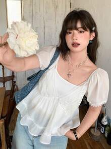 Dazy Plus Plus Size Women's Solid Color Lace Patchwork Deep V-Neck Sexy Minimalist Short Sleeve Crop Top, Spring/Summer - White - View 1