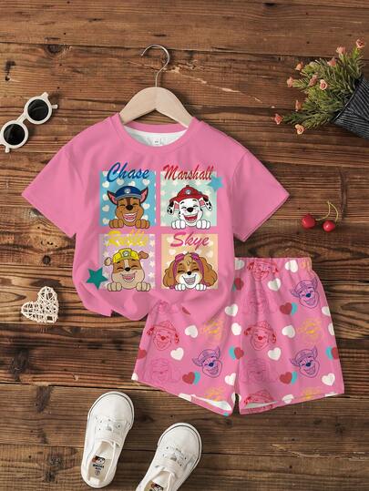 SHEIN | PAW Patrol X Girls Round Neck Short Sleeve Casual Cute Print T-Shirt Set, Summer