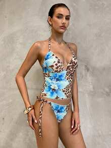 Swim Glamine 2pcs Sweet Floral Print Brown And Blue Plaid Bikini Set, Casual Tropical Spring/Summer Beach Party Vacation - Baby Blue - View 8