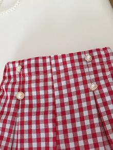 Young Girl Spring/Summer New Sweet College Style 2-Piece Set, White Solid Soft Ribbed Fabric Sleeveless Top Paired With Delicate Ruffle Trim Flutter Sleeve & Red Plaid Bow Decor Shorts Set - Red and White - View 5