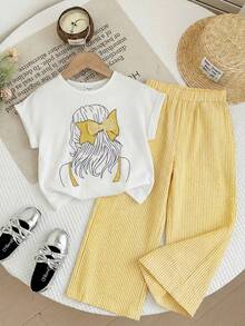 SHEIN LMoss Kids 2 Stücke Kleine Mädchen Strick Einfarbiges Rundhals T-Shirt und Lässige Hose mit Schmetterling Dekor Set - Gelb - Übersicht 3