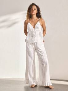 Ocili Đồ mặc nhà thoải mái tự nhiên, vải dệt jacquard cotton, bộ đồ ngủ không tay cho nữ với quần ống rộng có bèo nhún ở gấu quần. - trắng - Xem 4