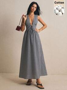 Poéselle 女士夏季海滩度假风印花深V领无袖连衣裙 - 黑與白 - 查看 1
