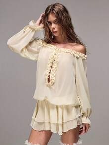 Sweetness Summer Vacation Music Festival Golf Outfit, Sweet Spicy Ruffle V-Neck Off Shoulder Chiffon Dress White Sexy - Beige - View 6