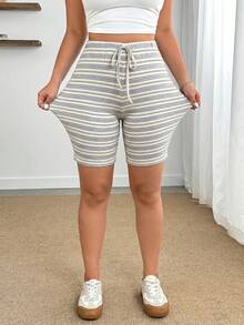 Enliva Plus Size Women Striped Knit Shorts, Autumn Apparel, Back To School Season, Tight 7/8 Pants, For Apple And Rounded Body Shape - Multicolor - View 3