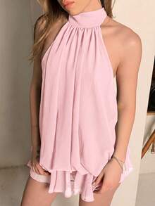 Katetique Women's Elegant Light Yellow Halter Tie Mini Dress Party Summer - Baby Pink - View 4