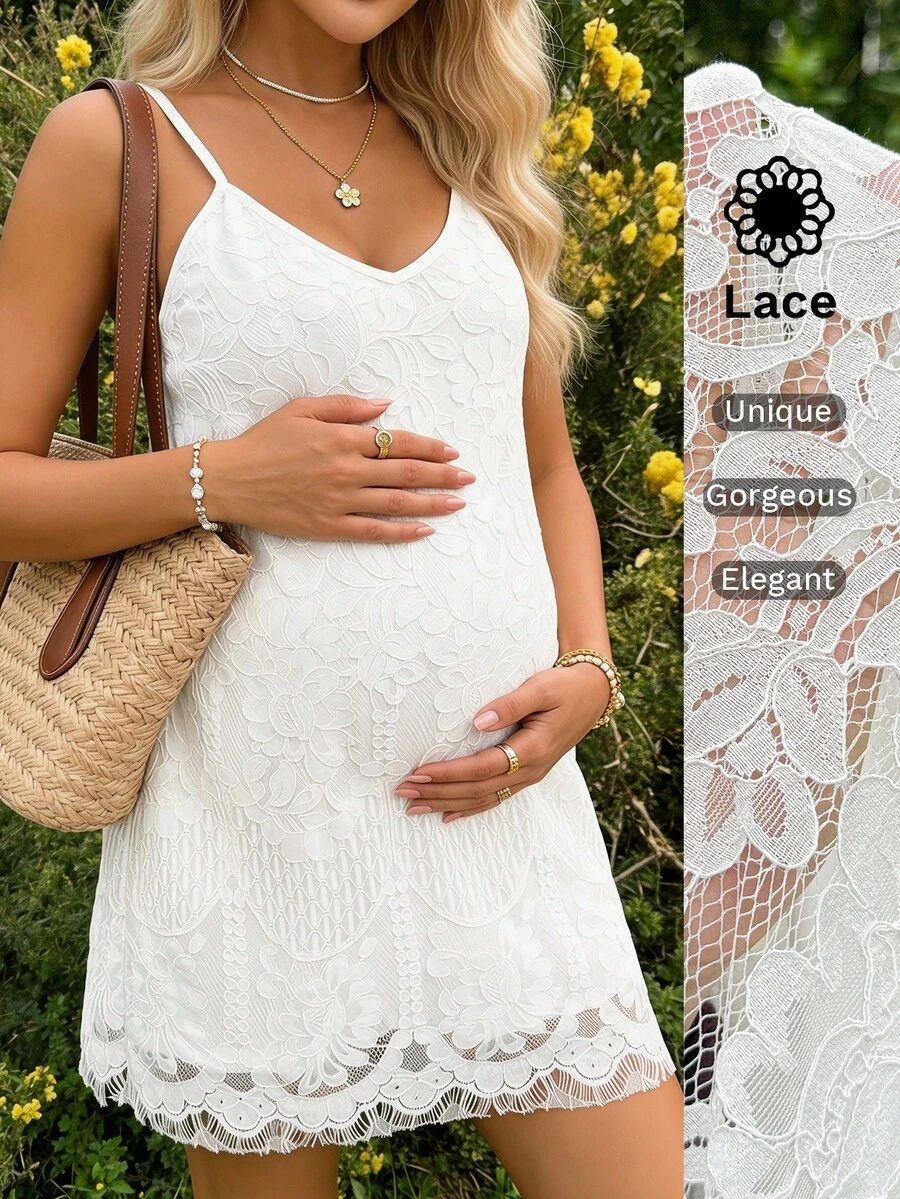 SHEIN 孕妇蕾丝优雅吊带裙 - 白色 - 查看 1