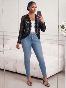 SHEIN Lady Jaqueta Fina de Manga Longa Elegante de Cor Sólida Transparente de Renda Plus Size - Preto - Visão 4