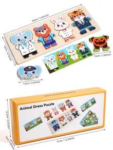 MINKOJA Kids Wooden Animal Dress-Up Puzzle Educational Career Recognition Matching Game Hand-Eye Coordination & Focus Training Role-Play Montessori Early Learning Toy - Multicolor - View 9