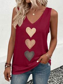 EMERY ROSE Nuevo top de tirantes casual y versátil con cuello en V y estampado de corazón degradado para mujer, primavera/verano - Burdeos - Ver 3