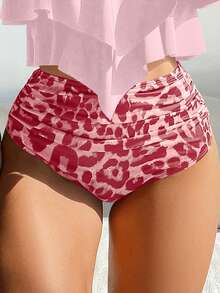 Swim Lushoire 2025 女款兩件式泳衣套裝，荷葉邊上衣與高腰豹紋泳褲，夏季度假 - 粉色 - 查看 3