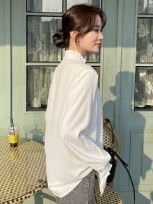 DAZY Frilled Neck Flounce Sleeve Blouse,Long Sleeve Tops,Fall Clothes - White - View 4