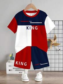 Bộ áo thun nam phong cách tối giản thường ngày, họa tiết phối màu cổ điển cá tính, họa tiết kẻ sọc, in chữ King thời trang, phù hợp cho phong cách đường phố, retro, xuân/hè và đi học. - Nhiều màu - Xem 3