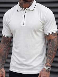Manfinity CasualCool Men's Casual Everyday Commute Minimalist Contrast Piping Short Sleeve Polo Shirt, Summer, Formal - White - View 7
