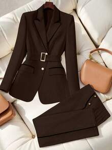 GlowEve CURVE Plus Size Women Patchwork Elegant Blazer + Straight Leg Pants, Commuter Outfit - Brown - View 5