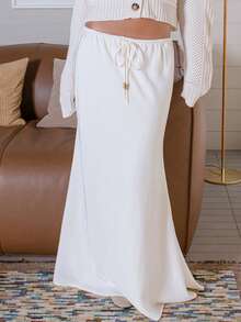 Aralina Luxe Satin Drawstring Satin Maxi Skirt - Apricot - View 4