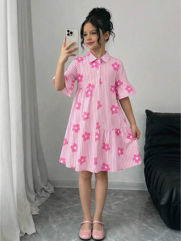Firerie Kids Tween Girls' Fashion Casual Summer Commute Collared Woven Striped Floral Patchwork Ruched A-Line Dress, Back To School & Graduation Season
