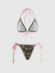 Betty Boop | ROMWE Bộ đồ lót IP Collaboration họa tiết rằn ri phối viền tương phản gồm áo bralette cổ yếm & quần lót dây - màu xanh lá - Xem 2