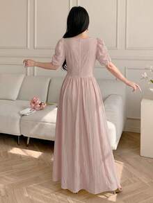 Celisse Women's Elegant Ruched Petal Sleeve Square Neck Solid Color Waist Cinched Dress, Summer Party Dusty Pink - Pink - View 2