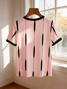 GlowEve Women's Casual Modest Color Block Round Neck Short Sleeve T-Shirt Summer Day Time Office Pink Stripe - Multicolor - View 2