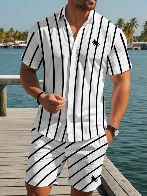 NEOREFINED Men's Striped Button-Down Shirt & Shorts Set, Lightweight Vacation Style, Ideal For Cruise, Hangout, Gathering & Daily Wear, Suitable For Mens
