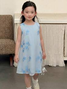 DAZY Young Girl Floral Embroidery Bow Decor Round Neck Sleeveless Dress - Blue - View 4