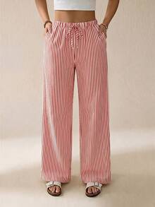 SHEIN Tall Striped & Printed Casual Daily Wear Women Spring/Summer Long Pants - Red - View 3
