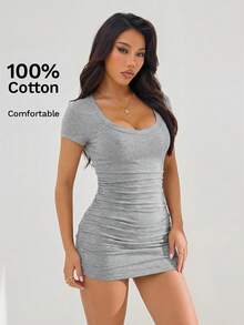 SHEIN PETITE Summer Dress Solid Ruched Bodycon Dress,Dresses For Women Summer ,Petite Women - Grey - View 6