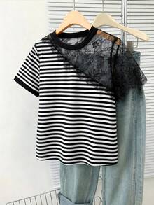 GlowEve CURVE Plus Size Black And White Lace Patchwork Sheer Short Sleeve T-Shirt Club Summer Sexy - Multicolor - View 1