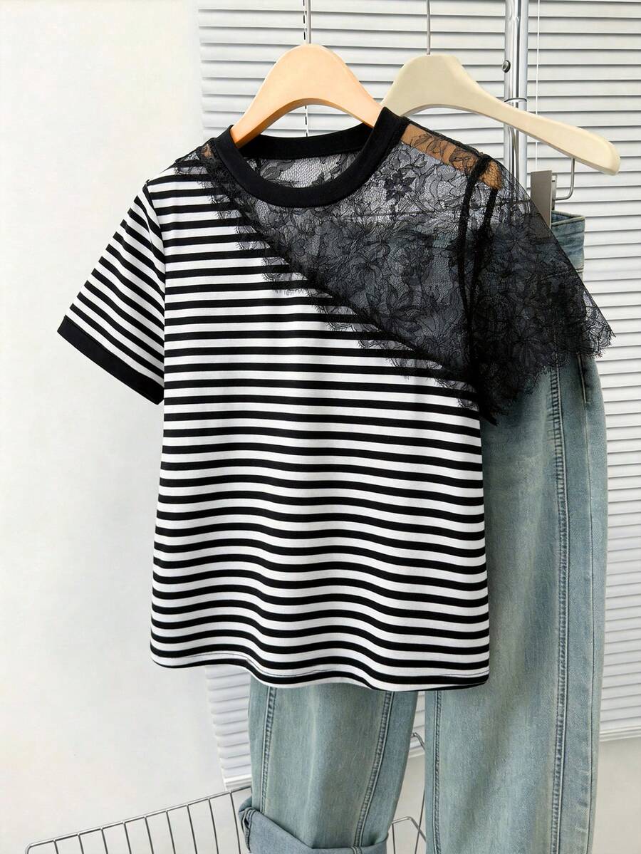 GlowEve CURVE Plus Size Black And White Lace Patchwork Sheer Short Sleeve T-Shirt Club Summer Sexy - Multicolor - View 1