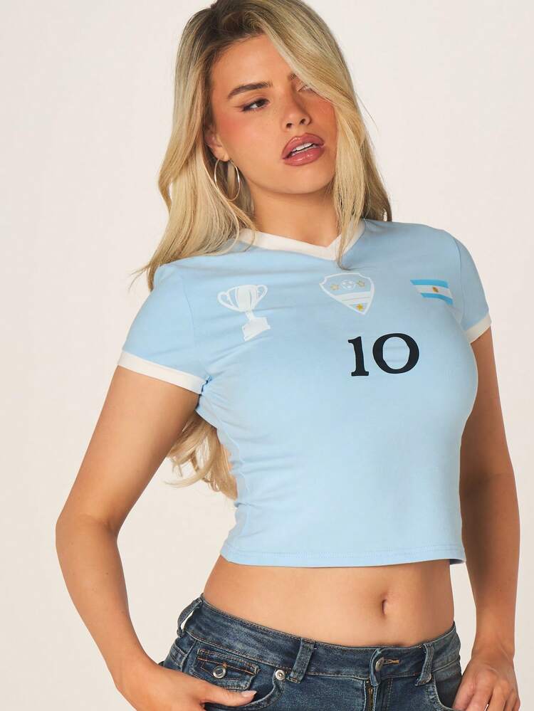 MISSGUIDED Argentina Inspired Tee Short Sleeve Crew Neck Light Blue Sports Jersey Style Crop Top With Number Print