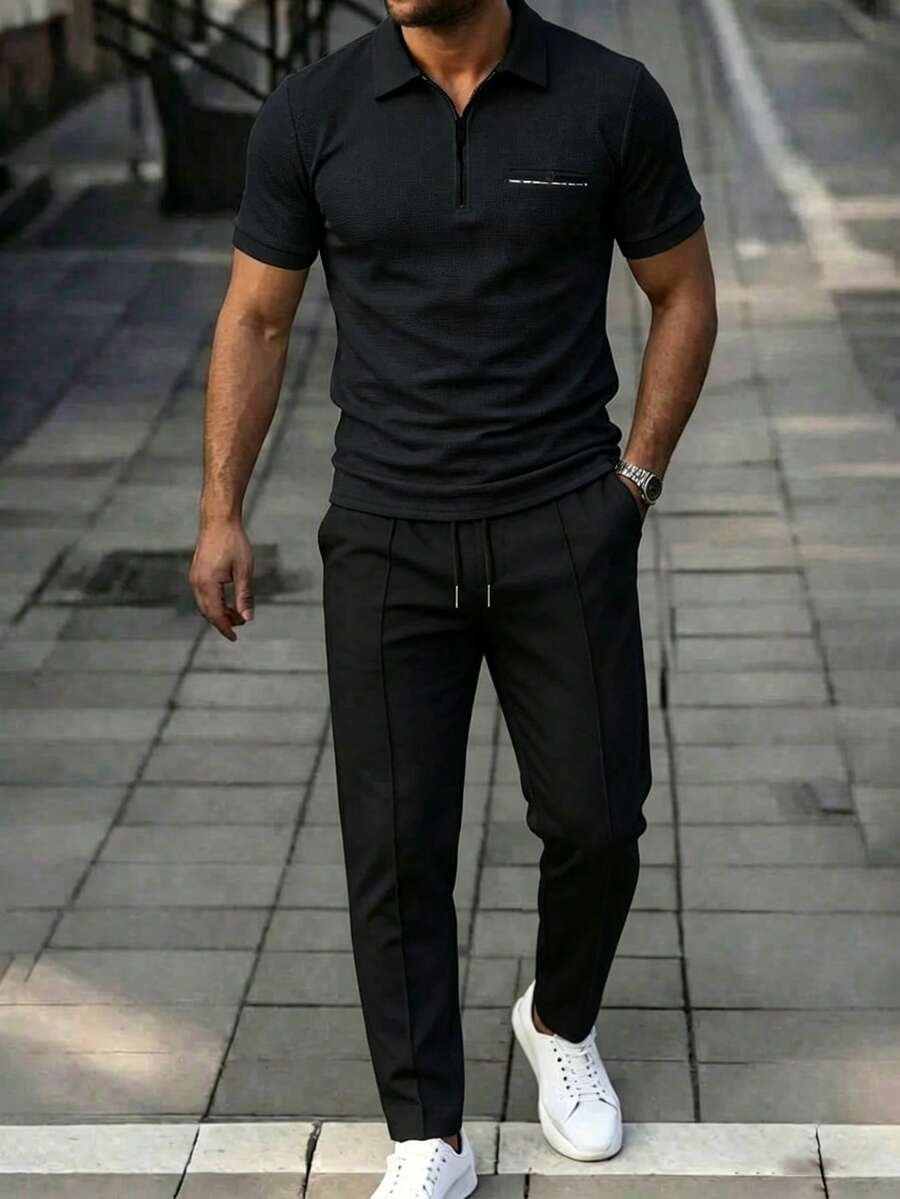 Manfinity Homme Men's Casual Everyday Commute Minimalist Half-Zip Collar Short Sleeve Polo Shirt And Pants Set, Suitable For Spring, Summer And Autumn - Black - View 1