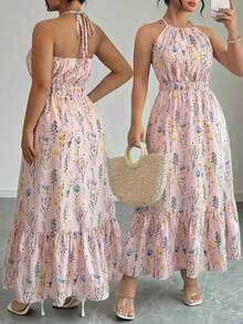 SHEIN LUNE Plus Size Women's Elegant Boho Loose Waist-Cinched A-Line Printed Halter Dress, Suitable For Vacation And Everyday Wear, Spring/Summer Pink Floral - Pink - View 8