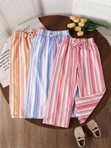 Genkimix Kids Bộ 3 quần ống đứng dáng rộng kẻ sọc tối giản, phù hợp cho bé gái 4-7 tuổi, thoải mái khi mặc ngoài trời và ở nhà, kiểu quần kẻ sọc thời thượng cho mùa xuân và mùa thu. - Nhiều màu - Xem 1